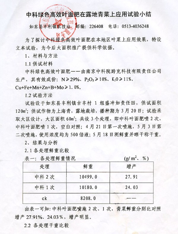 高效叶面肥在露地青菜上的应用效果